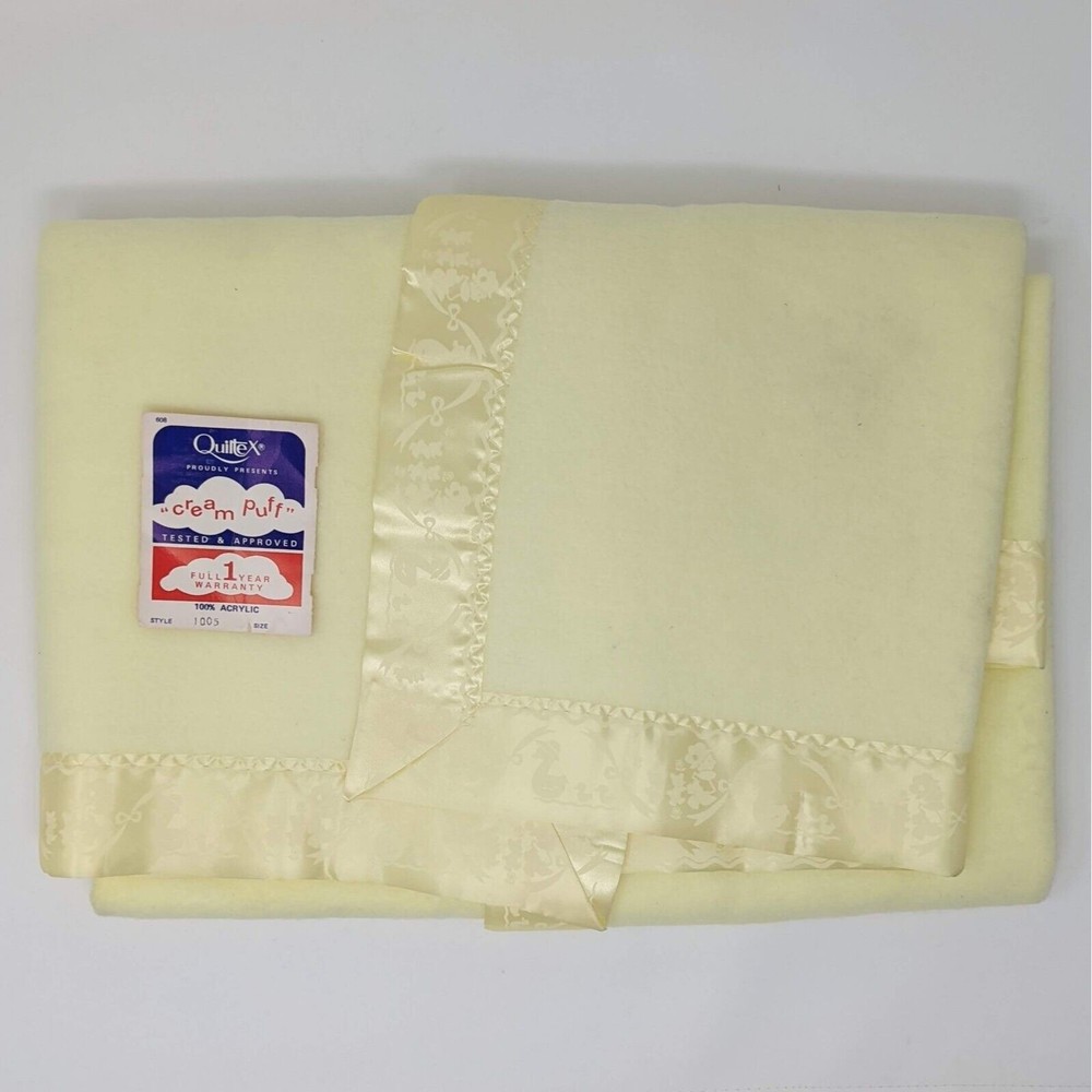 Vintage Quiltex Baby Blanket Remote Yellow Cream Puff Acrylic 39x43 Satin Trim